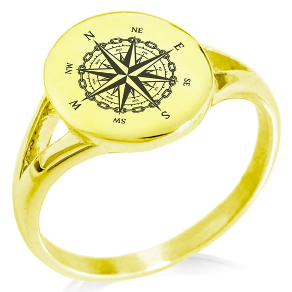Stainless Steel Nautical Chaim Compass Minimalist Oval Top Polished Statement Signet Ring