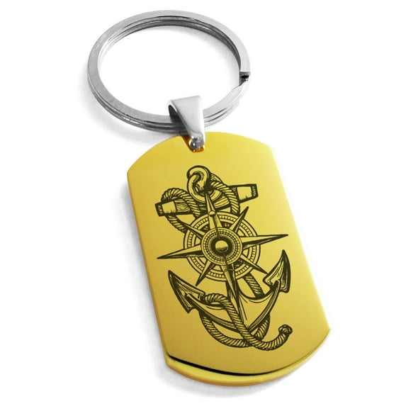 Tioneer Stainless Steel Nautical Compass Dial & Anchor Engraved Dog Tag Keychain Keyring