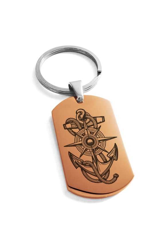 Stainless Steel Nautical Compass Dial & Anchor Engraved Dog Tag Keychain Keyring