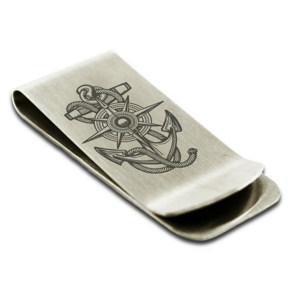 Stainless Steel Nautical Compass Dial & Anchor Engraved Money Clip Credit Card Holder