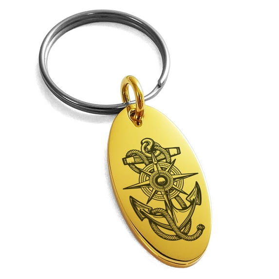 Tioneer Stainless Steel Nautical Compass Dial & Anchor Engraved Small Oval Charm Keychain Keyring