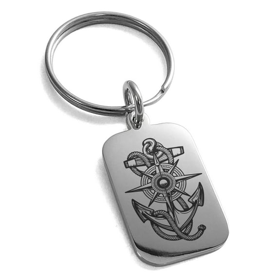 Tioneer Stainless Steel Nautical Compass Dial & Anchor Engraved Small Rectangle Dog Tag Charm Keychain Keyring