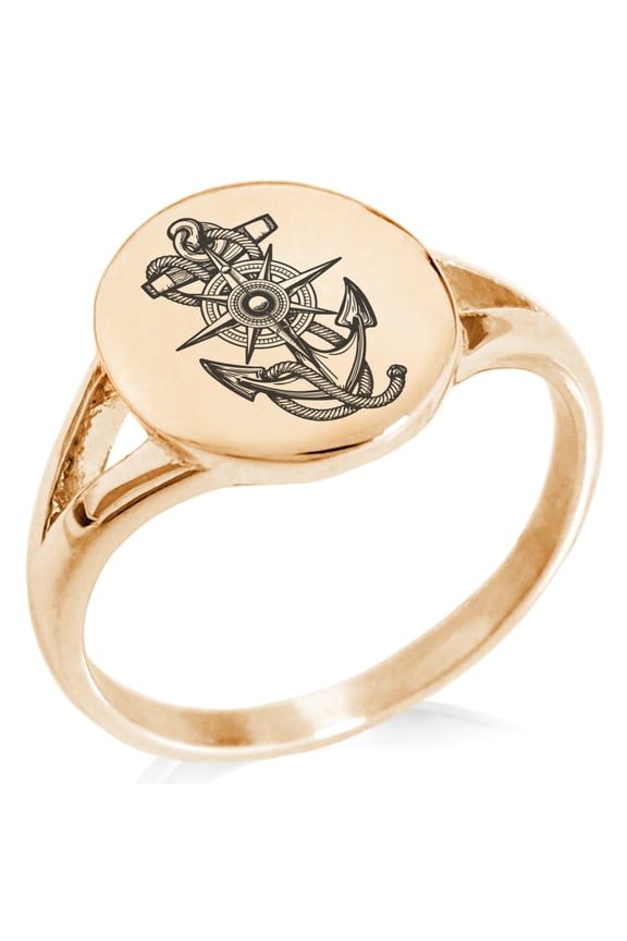 Stainless Steel Nautical Compass Dial & Anchor Minimalist Oval Top Polished Statement Signet Ring