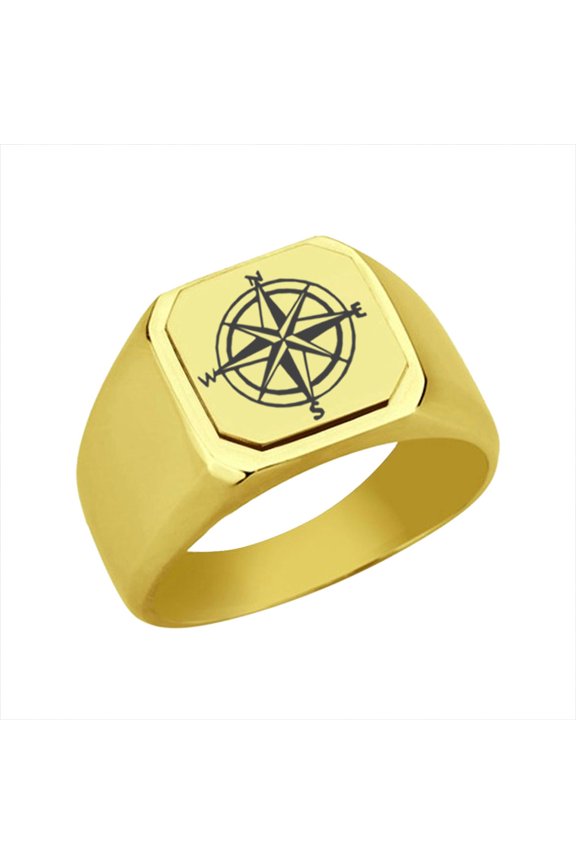 Stainless Steel Nautical Compass Engraved Signet Ring