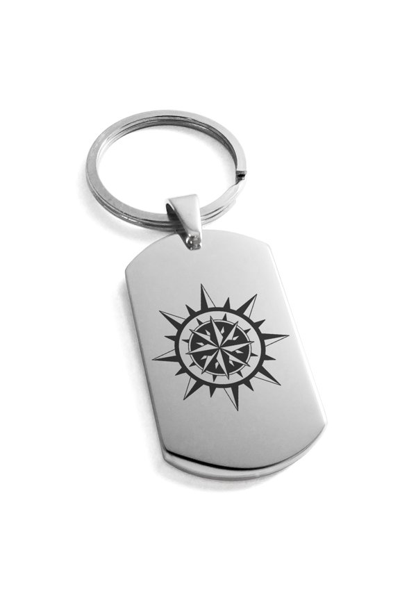 Stainless Steel Nautical Concentric Compass Engraved Dog Tag Keychain Keyring