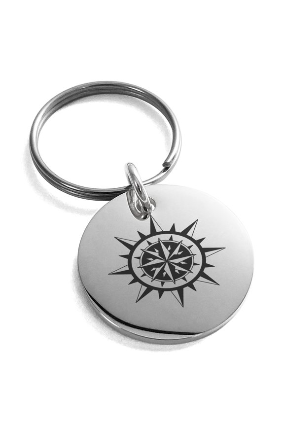 Stainless Steel Nautical Concentric Compass Engraved Small Medallion Circle Charm Keychain Keyring