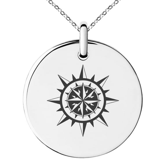 Stainless Steel Nautical Concentric Compass Engraved Small Medallion Circle Charm Pendant Necklace