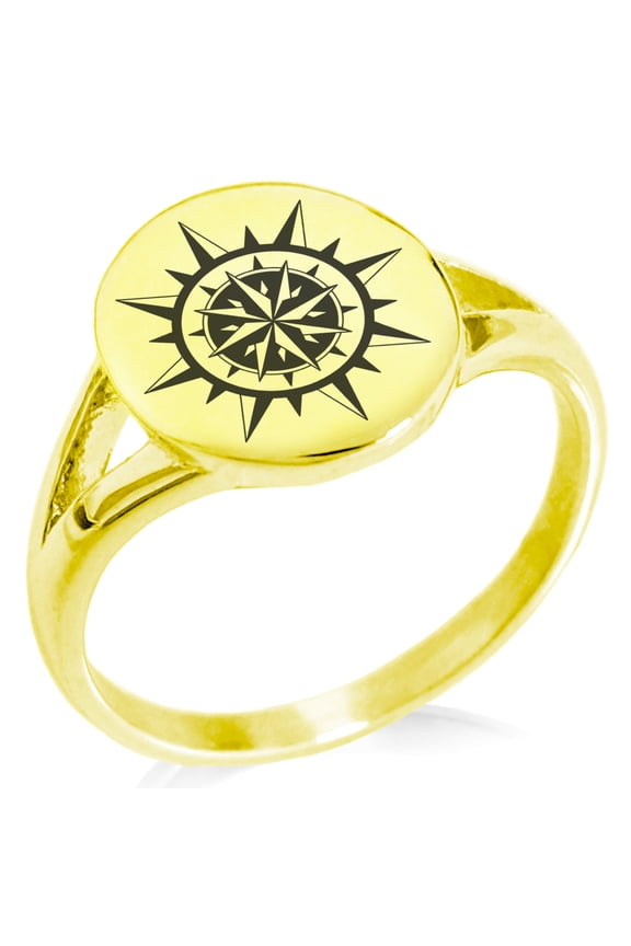 Stainless Steel Nautical Concentric Compass Minimalist Oval Top Polished Statement Signet Ring