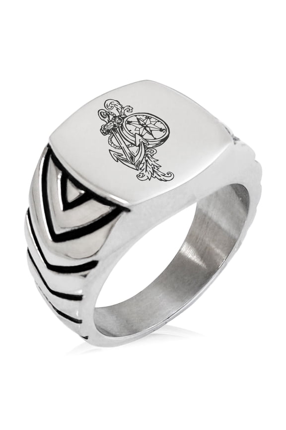 Stainless Steel Nautical Feather Compass & Anchor Chevron Pattern Biker Style Polished Ring