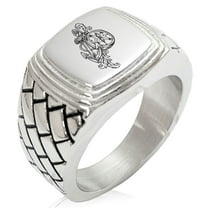 Stainless Steel Nautical Feather Compass & Anchor Geometric Pattern Step-Down Biker Style Polished Ring