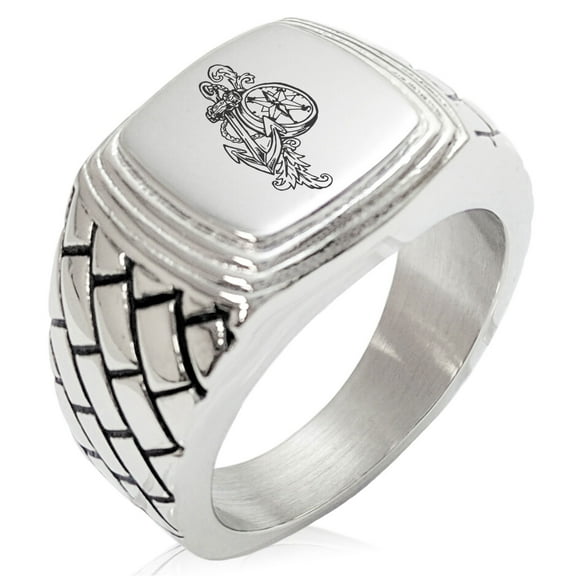 Stainless Steel Nautical Feather Compass & Anchor Geometric Pattern Step-Down Biker Style Polished Ring