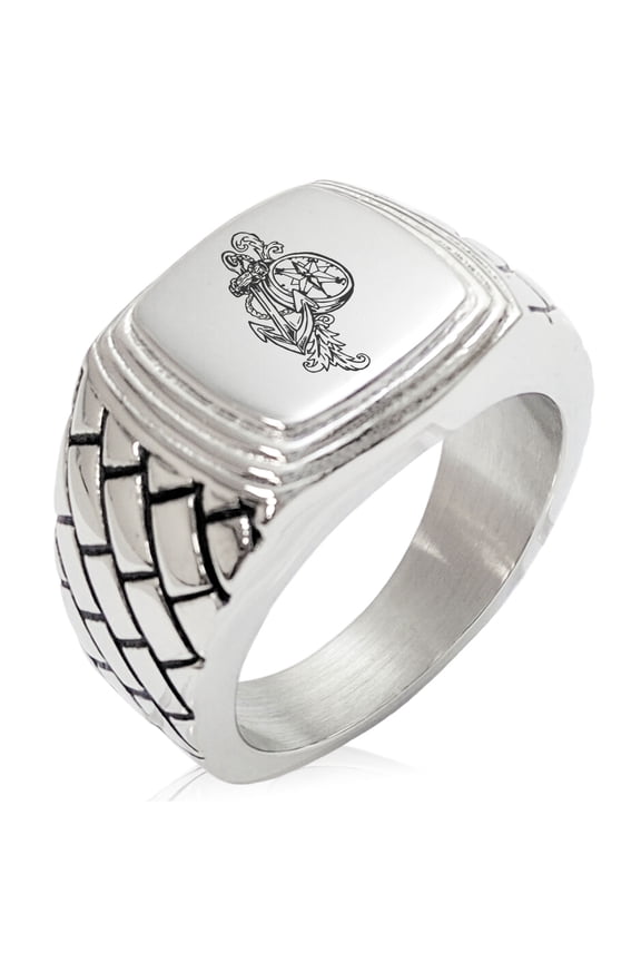 Stainless Steel Nautical Feather Compass & Anchor Geometric Pattern Step-Down Biker Style Polished Ring