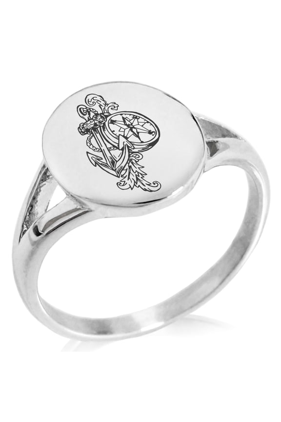 Stainless Steel Nautical Feather Compass & Anchor Minimalist Oval Top Polished Statement Signet Ring