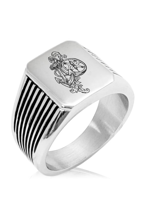 Stainless Steel Nautical Feather Compass & Anchor Needle Stripe Pattern Biker Style Polished Ring
