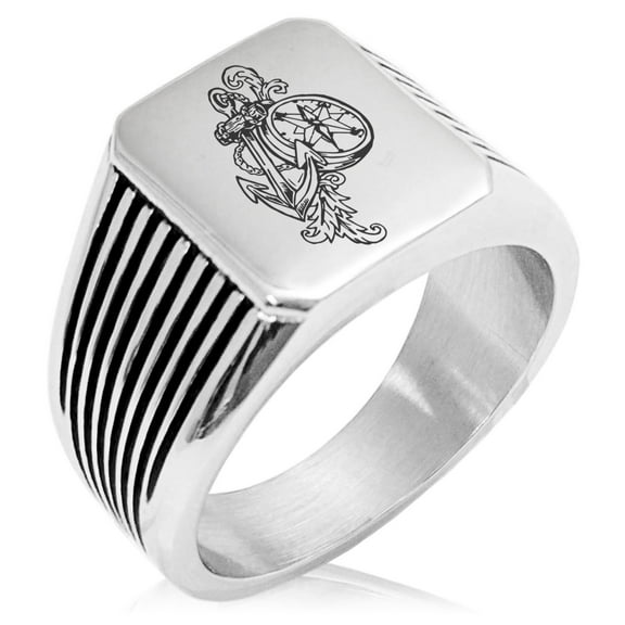 Stainless Steel Nautical Feather Compass & Anchor Needle Stripe Pattern Biker Style Polished Ring
