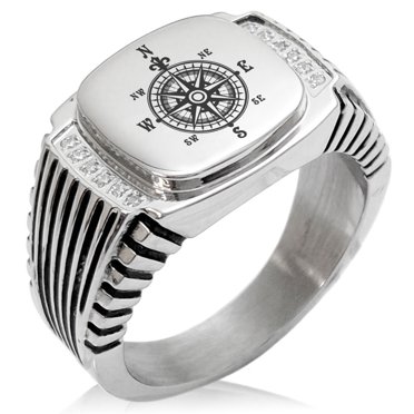 Tioneer Stainless Steel Nautical Fleur de Lis Compass CZ Ribbed Needle Stripe Pattern Biker Style Polished Ring