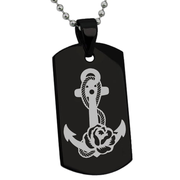 Tioneer Stainless Steel Nautical Floral Rose Anchor Engraved Dog Tag Pendant Necklace