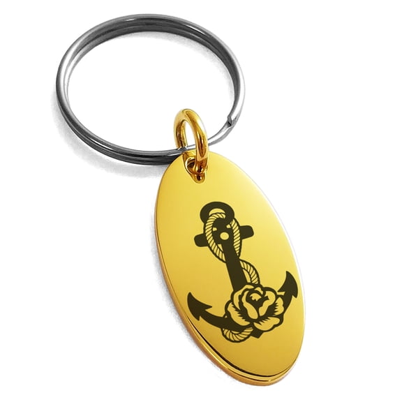 Stainless Steel Nautical Floral Rose Anchor Engraved Small Oval Charm Keychain Keyring