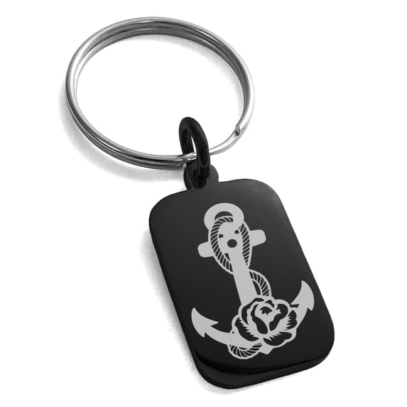 Tioneer Stainless Steel Nautical Floral Rose Anchor Engraved Small Rectangle Dog Tag Charm Keychain Keyring