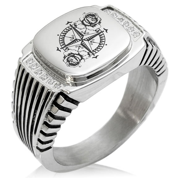 Stainless Steel Nautical Floral Rose Compass CZ Ribbed Needle Stripe Pattern Biker Style Polished Ring