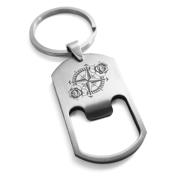 Tioneer Stainless Steel Nautical Floral Rose Compass Engraved Bottle Opener Dog Tag Keychain Keyring