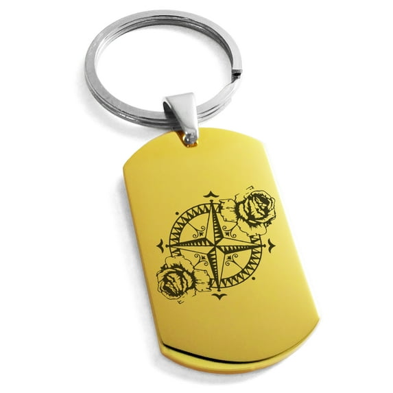 Stainless Steel Nautical Floral Rose Compass Engraved Dog Tag Keychain Keyring