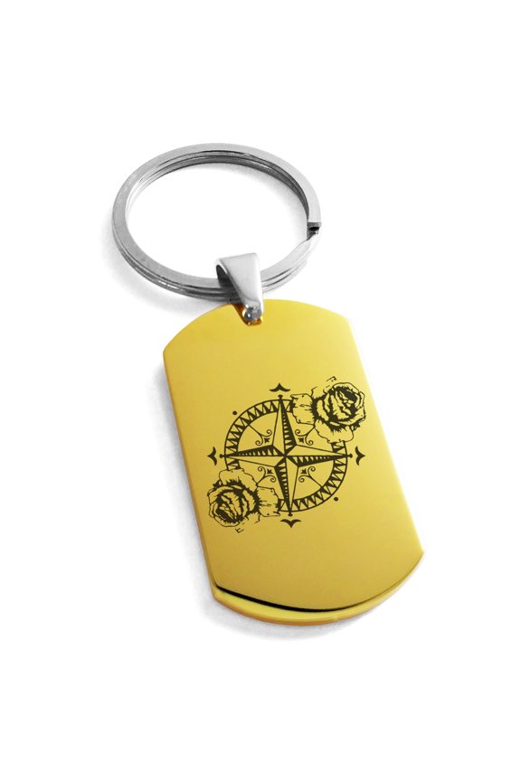 Stainless Steel Nautical Floral Rose Compass Engraved Dog Tag Keychain Keyring