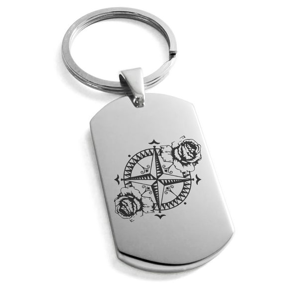 Tioneer Stainless Steel Nautical Floral Rose Compass Engraved Dog Tag Keychain Keyring