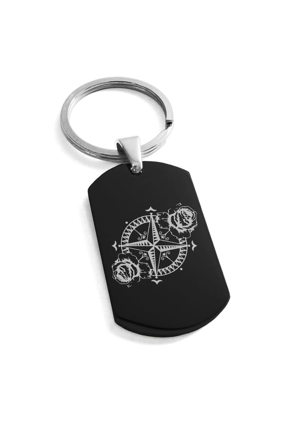 Stainless Steel Nautical Floral Rose Compass Engraved Dog Tag Keychain Keyring