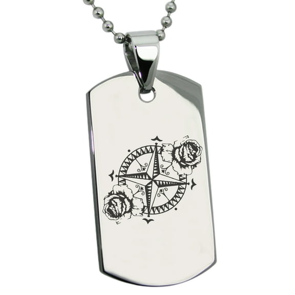 Stainless Steel Nautical Floral Rose Compass Engraved Dog Tag Pendant Necklace