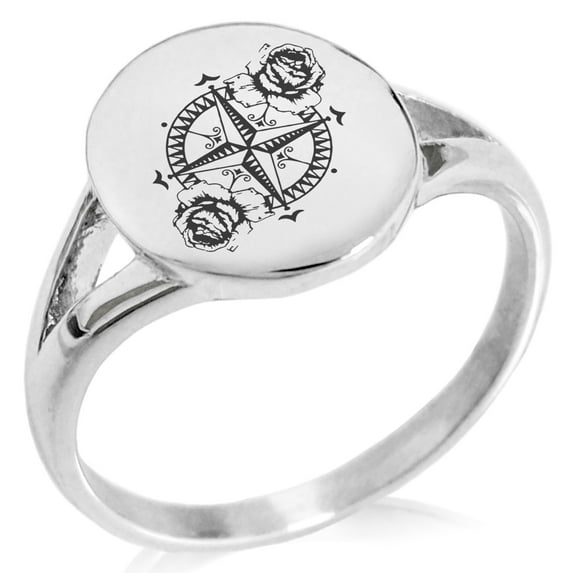Stainless Steel Nautical Floral Rose Compass Minimalist Oval Top Polished Statement Signet Ring