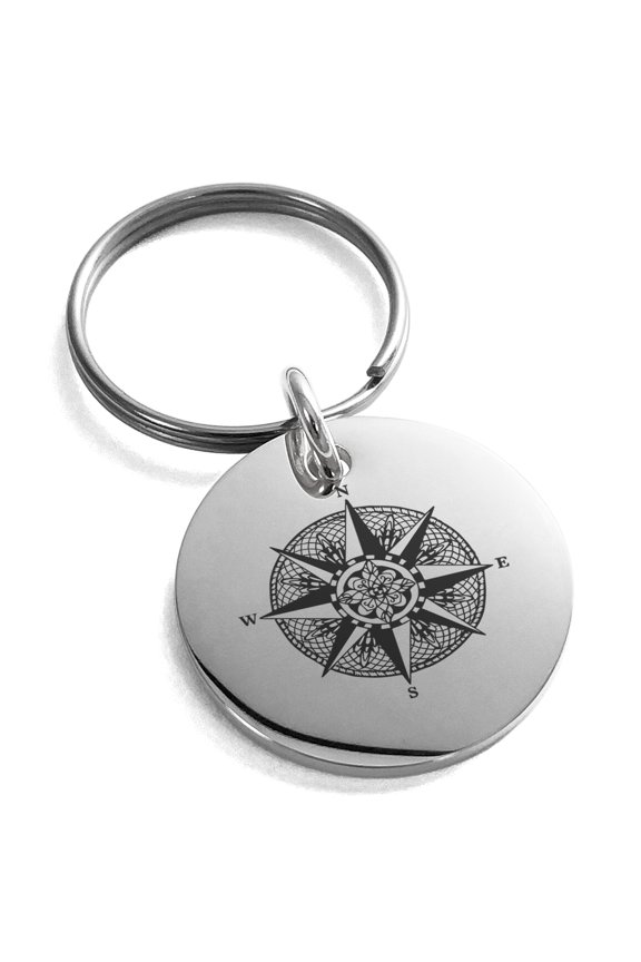 Stainless Steel Nautical Flower of Life Compass Engraved Small Medallion Circle Charm Keychain Keyring