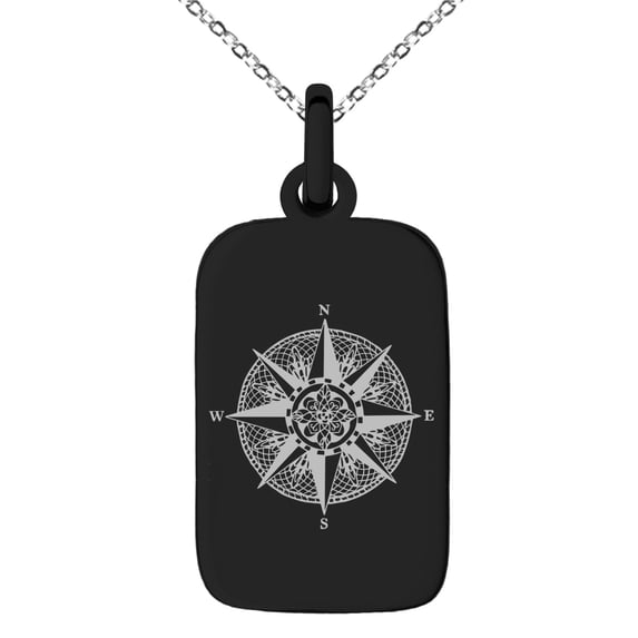 Tioneer Stainless Steel Nautical Flower of Life Compass Engraved Small Rectangle Dog Tag Charm Pendant Necklace