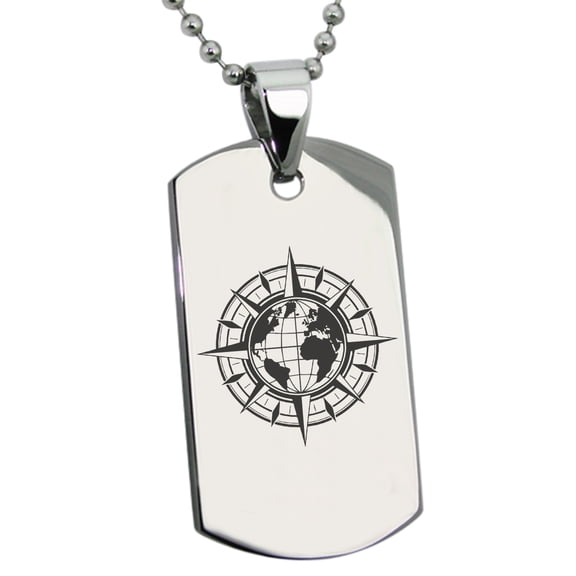 Stainless Steel Nautical Global Compass Engraved Dog Tag Pendant Necklace