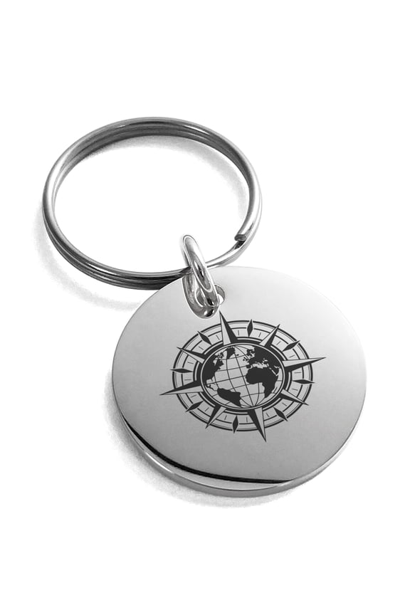 Stainless Steel Nautical Global Compass Engraved Small Medallion Circle Charm Keychain Keyring