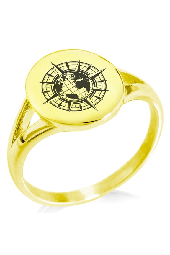 Stainless Steel Nautical Global Compass Minimalist Oval Top Polished Statement Signet Ring
