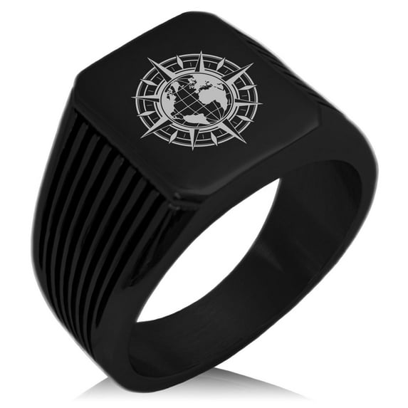 Stainless Steel Nautical Global Compass Needle Stripe Pattern Biker Style Polished Ring