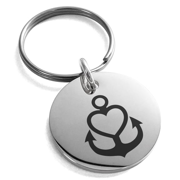 Stainless Steel Nautical Heart Anchor Engraved Small Medallion Circle Charm Keychain Keyring
