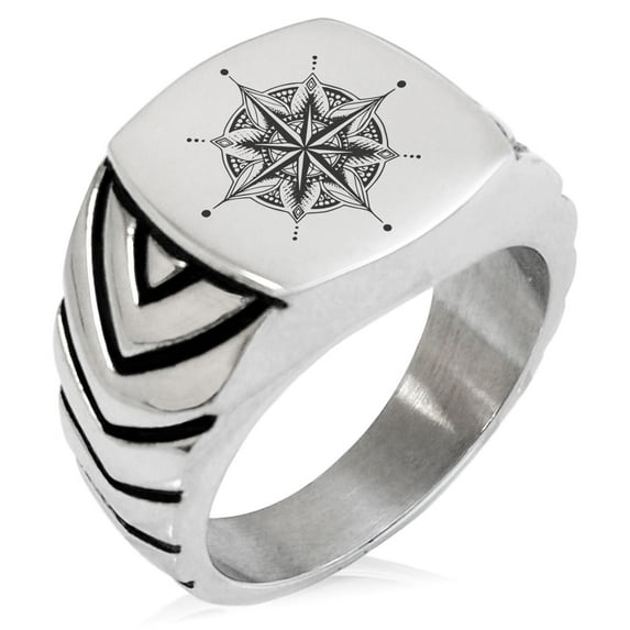 Tioneer Stainless Steel Nautical Mandala Lotus Compass Chevron Pattern Biker Style Polished Ring