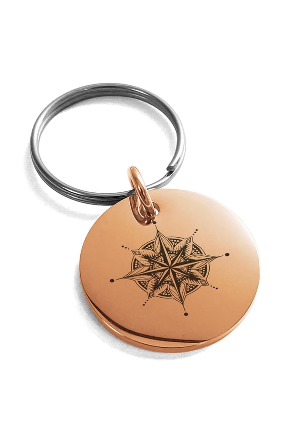 Stainless Steel Nautical Mandala Lotus Compass Engraved Small Medallion Circle Charm Keychain Keyring