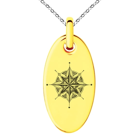Stainless Steel Nautical Mandala Lotus Compass Engraved Small Oval Charm Pendant Necklace