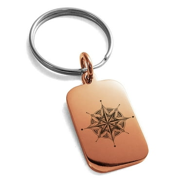Tioneer Stainless Steel Nautical Mandala Lotus Compass Engraved Small Rectangle Dog Tag Charm Keychain Keyring