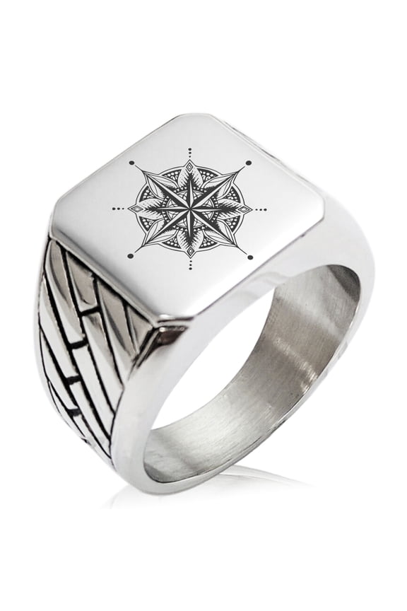 Stainless Steel Nautical Mandala Lotus Compass Geometric Pattern Biker Style Polished Ring