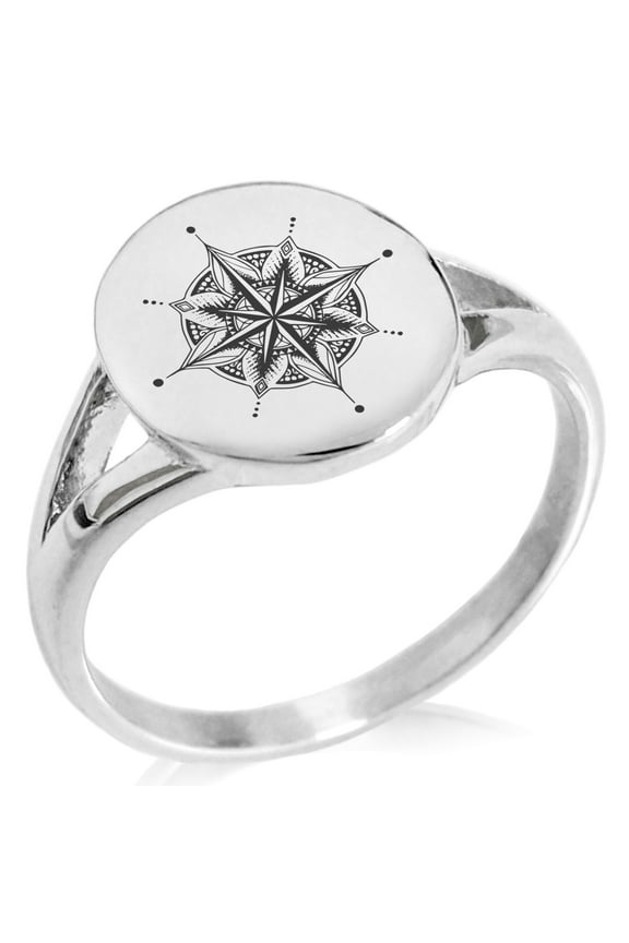 Stainless Steel Nautical Mandala Lotus Compass Minimalist Oval Top Polished Statement Signet Ring