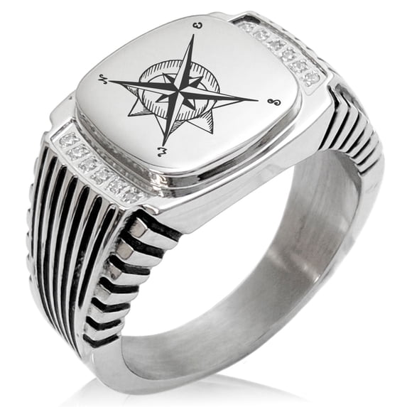 Tioneer Stainless Steel Nautical Moon & Sun Compass CZ Ribbed Needle Stripe Pattern Biker Style Polished Ring