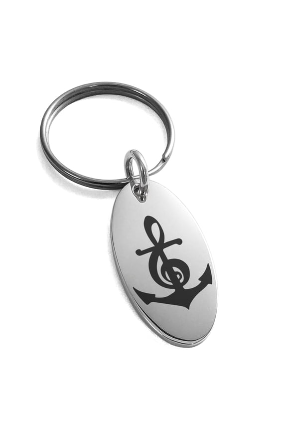 Stainless Steel Nautical Music Is My Anchor Treble Clef Engraved Small Oval Charm Keychain Keyring