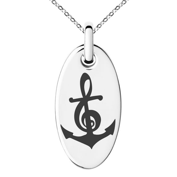 Stainless Steel Nautical Music Is My Anchor Treble Clef Engraved Small Oval Charm Pendant Necklace