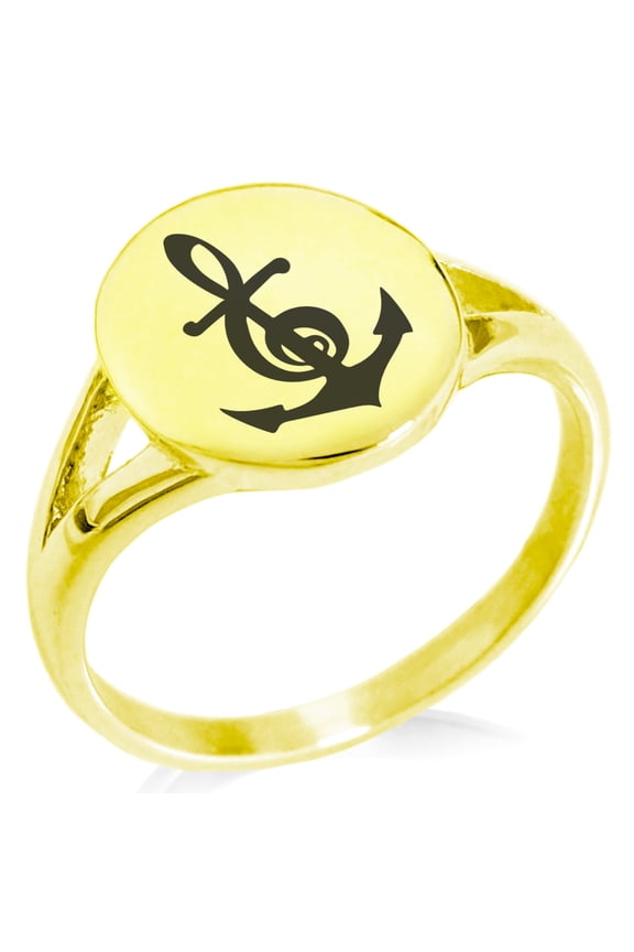 Stainless Steel Nautical Music Is My Anchor Treble Clef Minimalist Oval Top Polished Statement Signet Ring