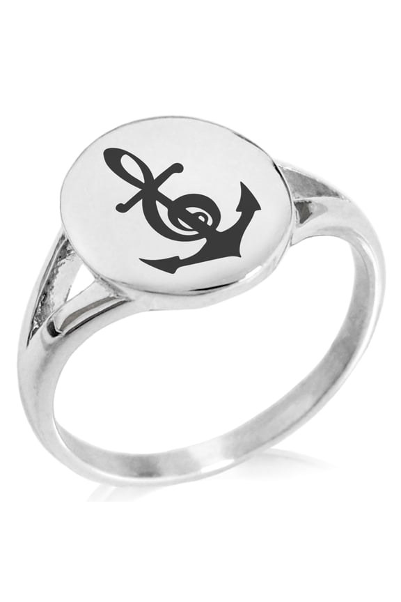 Stainless Steel Nautical Music Is My Anchor Treble Clef Minimalist Oval Top Polished Statement Signet Ring