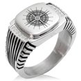 thumbnail image 1 of Tioneer Stainless Steel Nautical Needle Dial Compass CZ Ribbed Needle Stripe Pattern Biker Style Polished Ring, 1 of 1